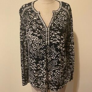 Lucky Brand Black & White Floral Long-Sleeve Split-Neck Women's Top